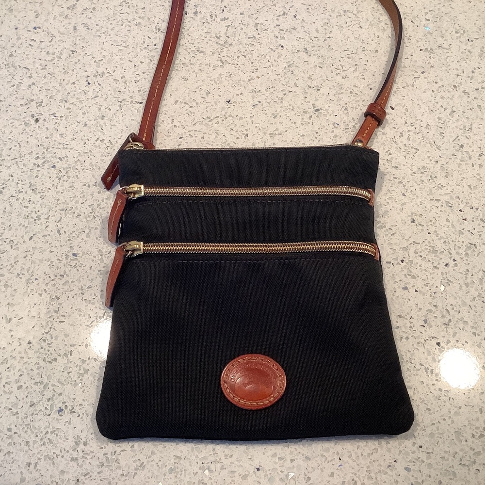 DOONEY & BOURKE black nylon and Tan leather trim triple zip crossbody bag